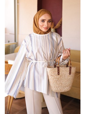 İmaj Butik Beyaz Çizgili Bel Ip Bağlamalı Bluz