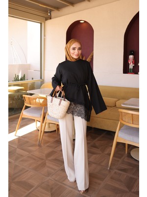 İmaj Butik Siyah Eteği Dantel Detaylı Bel Bağlamalı Tunik
