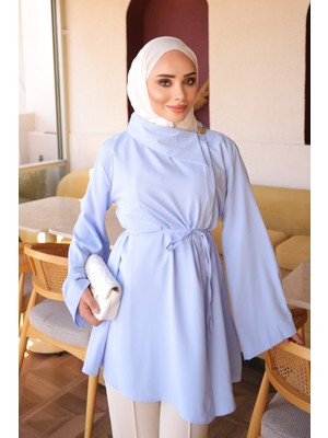 İmaj Butik Bebe Mavi Yan Yaka Bel Ip Bağlamalı Poplin Gömlek
