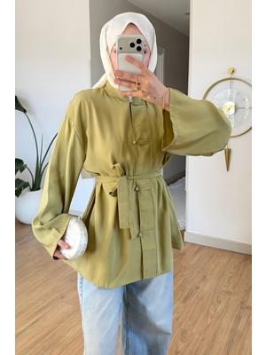 İmaj Butik Yağ Yeşili Düğmeli Kuşaklı Tunik