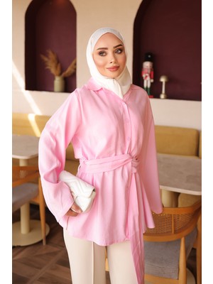 İmaj Butik Pembe Kendinden Kemerli Modal Gömlek