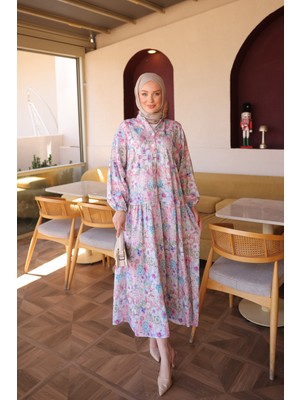 İmaj Butik Mavi Yarım Düğmeli Kol Lastikli Desenli  Elbise