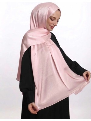 Abiye Janjan Parlak Saten Dokulu Tesettür Abiye Şifon Pembe Şal