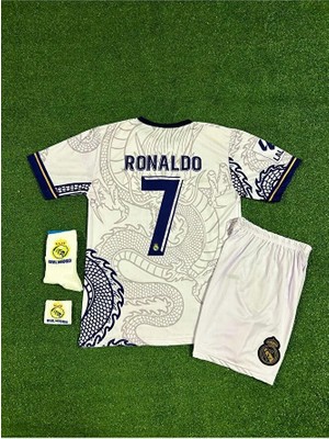 Gladsome Real Madrid Cristiano Ronaldo Beyaz Dragon Özel Tasarım Çocuk Forması 4'lü Armalı Set