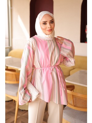 İmaj Butik Pembe Çizgili Bel Ip Bağlamalı Bluz