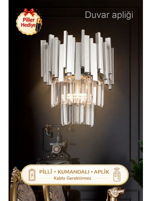 Avizemoda Avize Moda Sima Kristal Taşlı Lüks Pilli Kumandalı Aplik - (Gümüş-Yaldız)