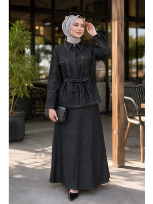 İmaj Butik Siyah Bel Bağlamalı Ceket Etekli Kot Takım