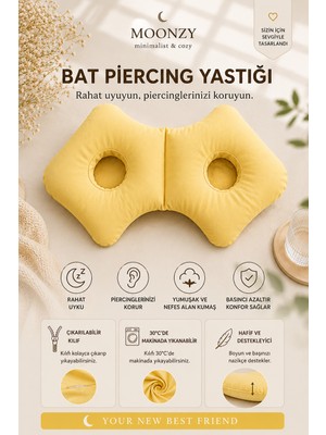 Moonzy Minimalist & Cozy  Bat Model  Çift Kulak Delikli Piercing Yastığı Ayarlanabilir Dolgulu %100 Pamuk Poplin Kılıflı Yan Yatış Yastığı