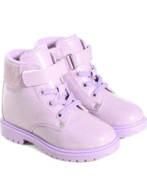 Tımber Lila Simli Çocuk Bot Kız Erkek Unisex Ayakkabı Rugan Görünümlü Fermuarlı Bağcıklı KP-3011