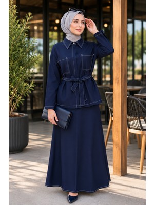 İmaj Butik Lacivert Bel Bağlamalı Ceket Etekli Kot Takım