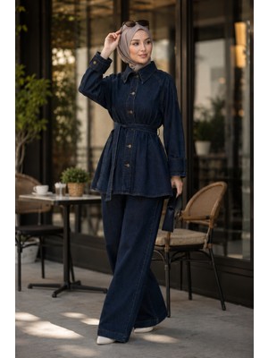 İmaj Butik Lacivert Kuşaklı Ceket Pantolonlu Kot Takım