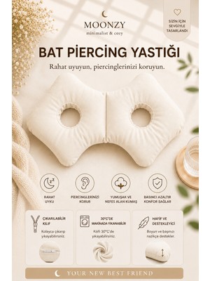 Moonzy Minimalist & Cozy  Bat Model  Çift Kulak Delikli Piercing Yastığı Ayarlanabilir Dolgulu %100 Pamuk Poplin Kılıflı Yan Yatış Yastığı