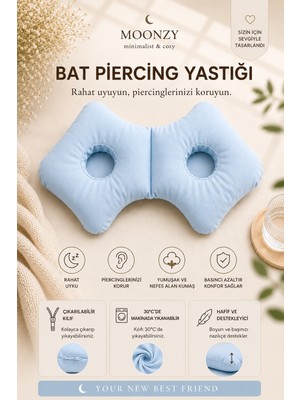 Moonzy Minimalist & Cozy  Bat Model  Çift Kulak Delikli Piercing Yastığı Ayarlanabilir Dolgulu %100 Pamuk Poplin Kılıflı Yan Yatış Yastığı