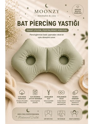 Moonzy Minimalist & Cozy  Bat Model  Çift Kulak Delikli Piercing Yastığı Ayarlanabilir Dolgulu %100 Pamuk Poplin Kılıflı Yan Yatış Yastığı