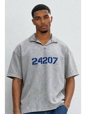 Respire Erkek 24207 Baskılı Yıkamalı Oversize T-Shirt Gri