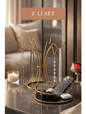 Edora Home 2'li Mat Gold Masaüstü Kozmetik Takı,Parfüm,Havlu Düzenleyici + 6 Kancalı Takı Standı,Kolye Bileklik,Tesbihlik Düzenleyici