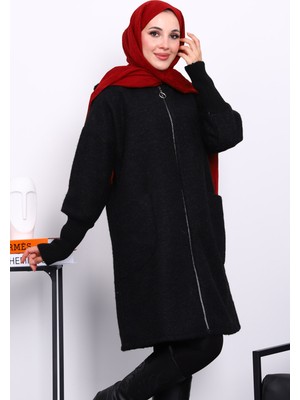 İmaj Butik Siyah Fermuarlı Yün Kaşe Kaban