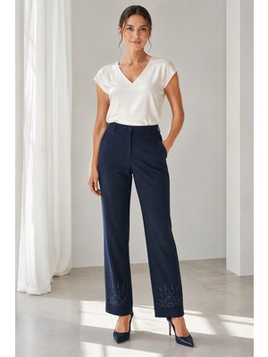 Bihan Store Yüksek Bel Paçası Taş Işlemeli Kadın Kumaş Pantolon Y26-25935-LACİVERT