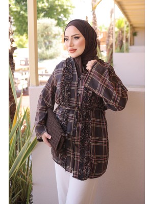 İmaj Butik Kahverengi Bel Bağlamalı Fırfırlı Ekose Gömlek