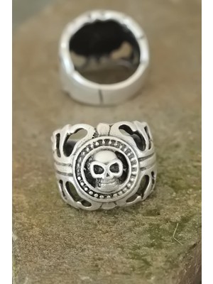 ALK Eskitme Gümüş Renk Metal Kuru Kafa Tasarım Ayarlamalı Erkek Yüzük