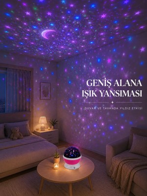 GIGA Yıldızlı Gökyüzü Projektörü Pembe Renkli Döner Çocuk Odası Gece Lambası