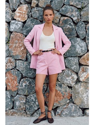 Sateen Keten Görünümlü Şort - Pembe