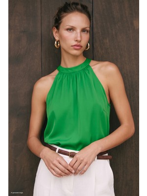 Sateen Halter Yaka Bluz - Yeşil