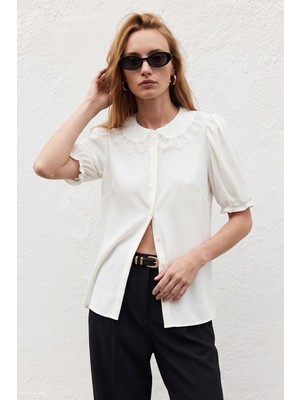 Sateen Yaka Detaylı Gömlek - Ekru