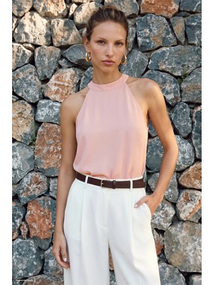 Sateen Halter Yaka Bluz - Pudra