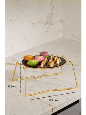 Edora Home Parlak Altın Yuvarlak Sunumluk İkramlık Pasta Servis Standı Metal Ayaklı Siyah Pleksi