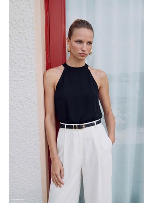 Sateen Halter Yaka Bluz - Siyah