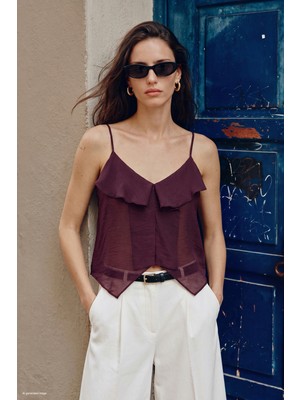 Sateen Fırfır Detaylı Askılı Bluz - Bordo