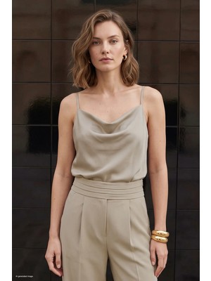 Sateen Degaje Yaka Saten Bluz - Koyu Bej