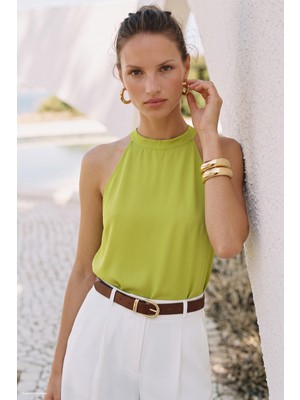 Sateen Halter Yaka Bluz - Yağ Yeşili