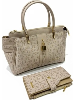 Just Polo Kadın Lüks El & Omuz Çantası Gold Detaylı Özel Tasarım Çanta ve Uyumlu Cüzdan 22X28 cm