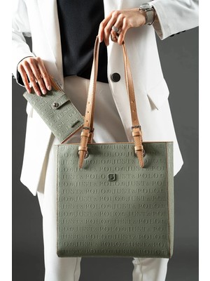 Just Polo Günlük Kombinlere Uygun Kadın Yeşil Camel Büyük Boy El Çantası ve Cüzdanı Kombin 31 x 32 cm