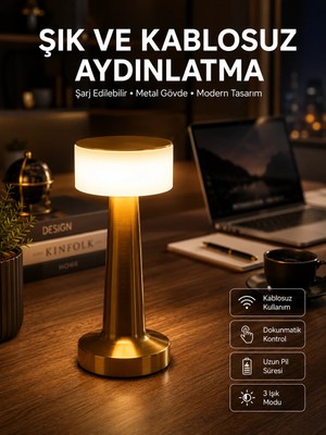 Poebgo Familys Altın Rengi Masa ve Gece Lambası Dokunmatik Şarjlı Masa Lambası