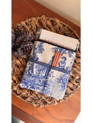 Mavi Fransız Köylü Desen Kitap Kılıfı 20-25 cm