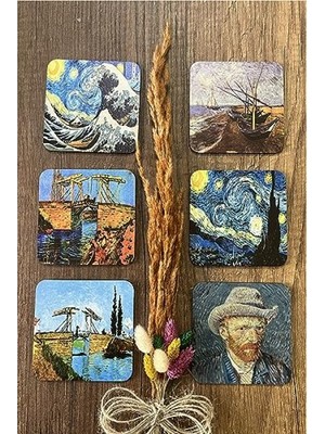 Die Grup Van Gogh Temalı Ahşap Bardak Altlığı, 6'lı Set (9X9CM)