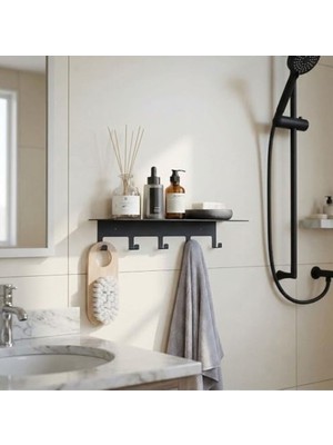 Die Grup Siyah Paslanmaz Metal Yapışkanlı Banyo Organizer, 5 Kancalı
