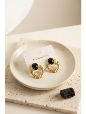 Akıllı Bayi 316L Çelik Gold Renk Vintage Siyah Taşlı Küpe
