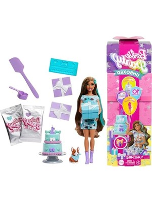 Die Grup Barbie Parti Paketi Bebek ve Aksesuarlar, Minik Dostumun Doğum Günü Serisi Parti Yıldızları Seti ve Renk Değişimi ile Pasta Süsleme Etkinliği Dahil 10 Sürpriz, JFG72
