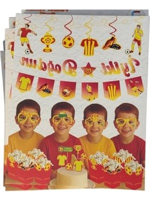 Die Grup Jl Sarı Kırmızı, Taraftar Doğum Günü Parti Seti, 29 Parçalı, Banner, Tavan Sarkıt, 3D Gözlük, Pasta Figürü ve Mısır Kutusu
