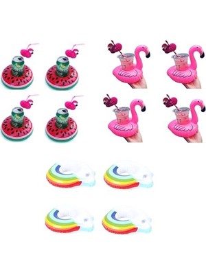 Die Grup 12'li Flamingo Gökkuşağı Karpuz Şişme Bardak Tutucu Set