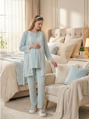 Lohussa Yeni Sezon Mint Yeşili Yazlık Dantel Detaylı Kısa Kol Düğmeli Şık Hamile Sabahlık Pijama Takımı Seti