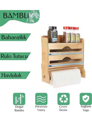 Go İthalat Ahşap Bambu 2in1 Bıçak Kanallı 2 Streçlik 1 Kağıt Havluluk Stand