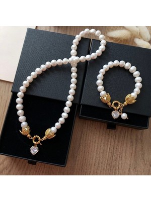 Taşmir Sertifikalı Inci Kolye ve Bileklik Seti – Mavi Zirkon Kalp Charm & Çelik Aparatlar