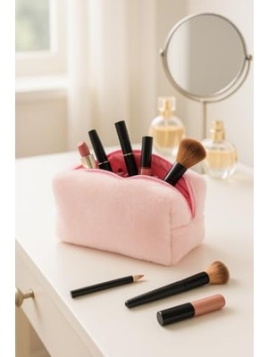 Die Grup Peluş Yumuşak Makyaj Çantası - Kozmetik Organizeri (Pembe)
