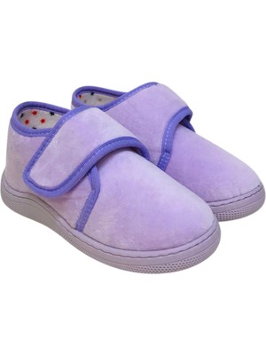 Pas Lila Kadife Kids Çocuk Unisex Panduf Ayakkabı Cırtlı Rahat Kaydırmaz Taban Ev Patiği KP-1005