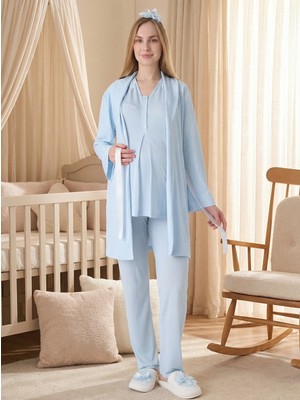 Lohussa Yeni Sezon Mavi Jakarlı Kısa Kol Şal Yaka Tasarım Yazlık Hamile Sabahlık Pijama Takım Seti